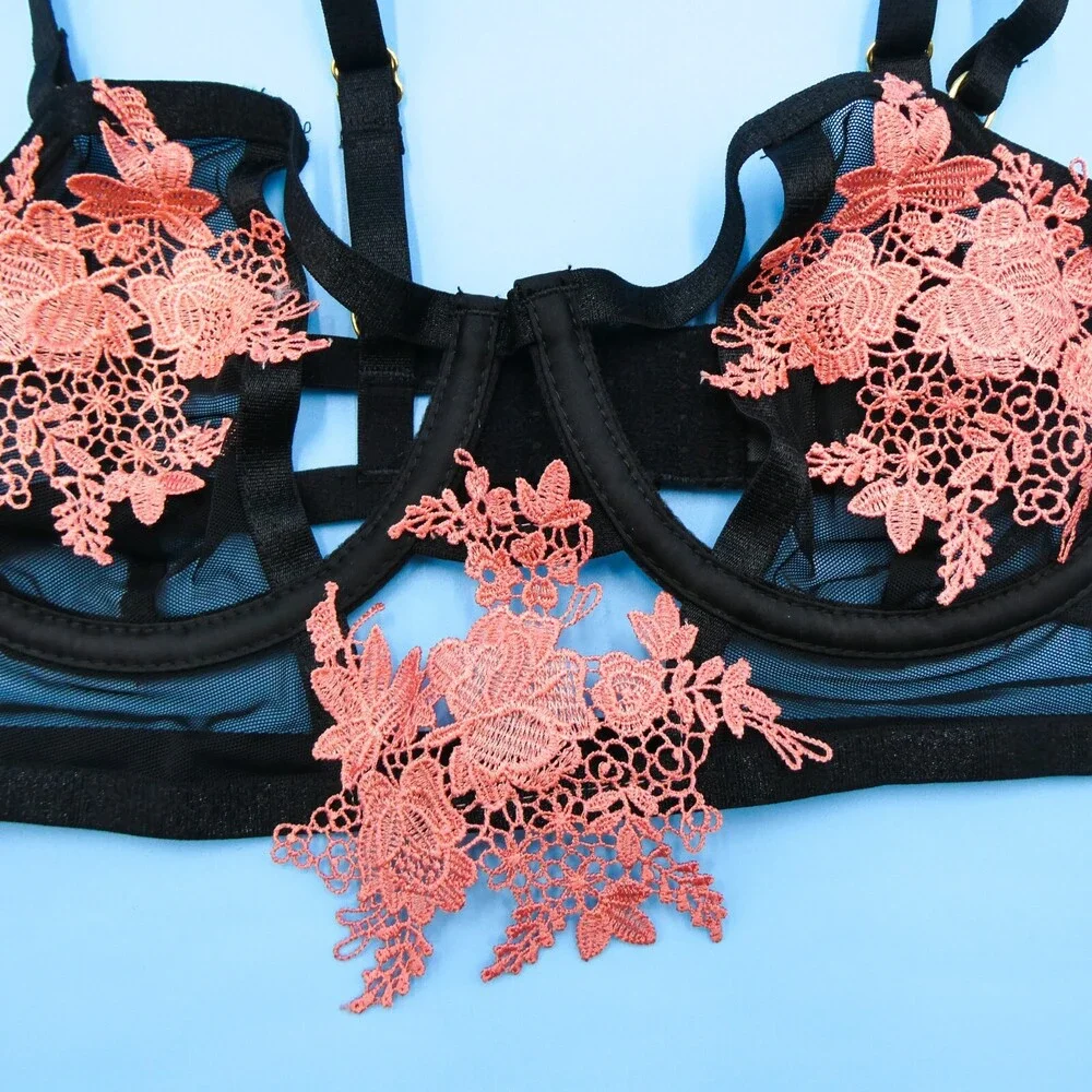 Bluebella 32B Lingerie Bra Semi‎ Transparent Mesh Black Balconette Orange Floral